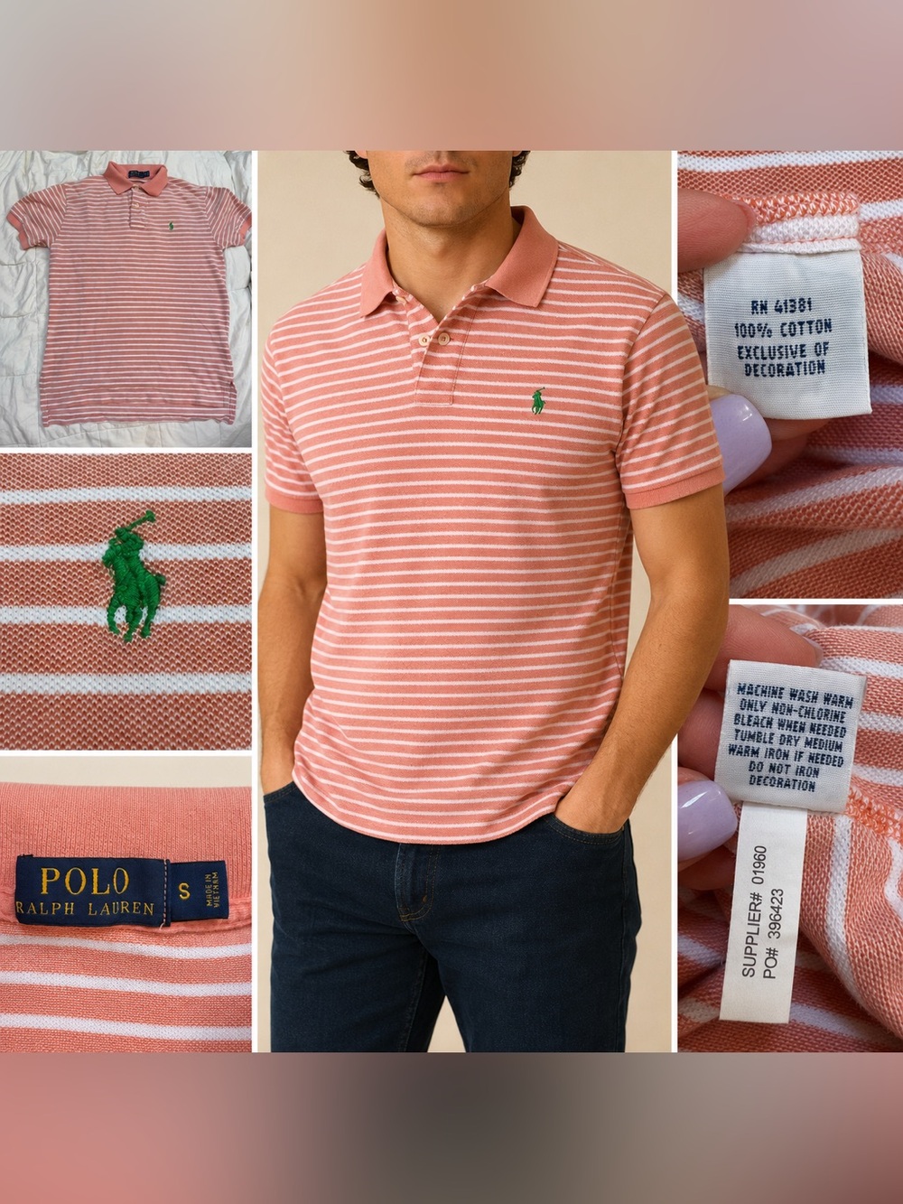 Ralph Lauren Men’s Striped Pique’ Polo Coral White Green Pony Small